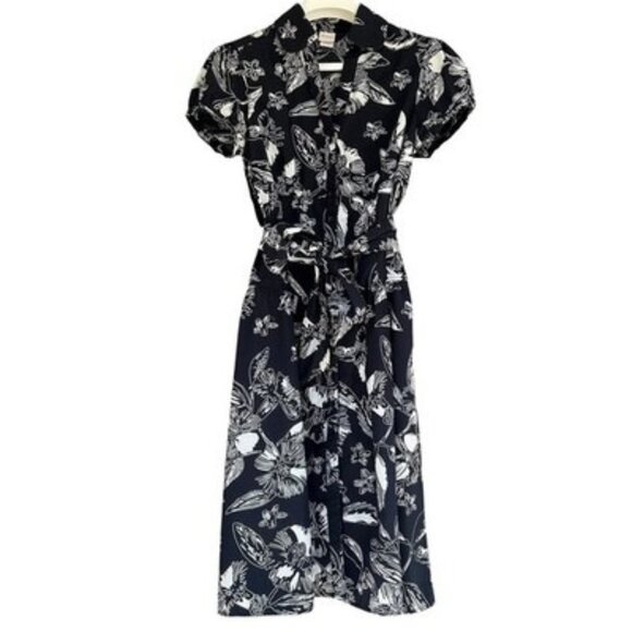 Merona Floral Fit Flare Dress | Size L | Black/White Cotton/ Vintage Inspired - Picture 1 of 12